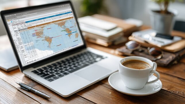 Cozy office setup with a laptop displaying a world map and a cup of coffee, surrounded by stationery and notebooks on a wooden desk for remote work or travel planning