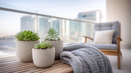 Obraz premium Balcony oasis with potted succulents and cozy blanket, urban apartment living, serene outdoor space