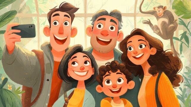Family taking a selfie in a tropical forest with playful monkey