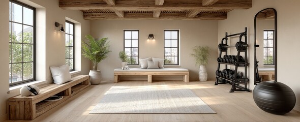 Fototapeta premium Bright, Airy Home Gym with Natural Wood Accents, Dumbbells, and Yoga Ball