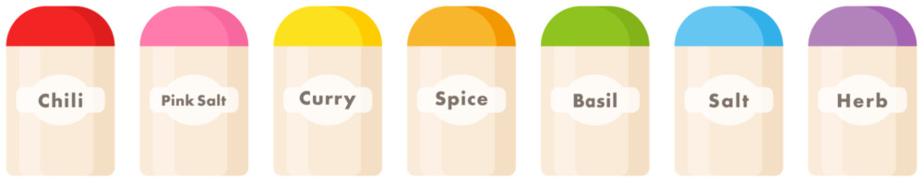 調味料やスパイスを入れるボトル、調理器具の独立した白背景のイラスト素材