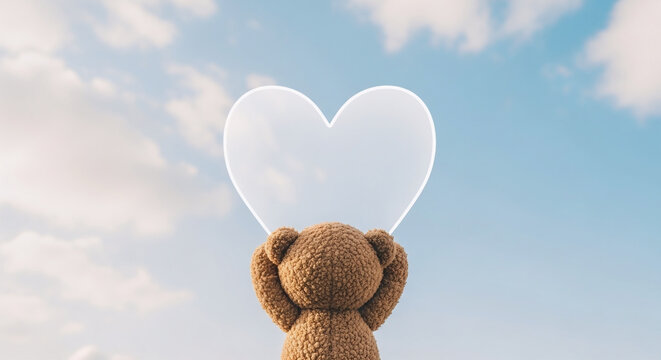 Teddy bear holding heart shaped balloon realistic 3D render character