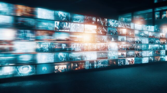 Massive wall of digital screens displaying fast-moving visuals in a modern technological environment
