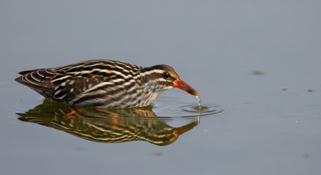 Striated crake drinking water, showcasing its beautiful striped plumage and reflection.