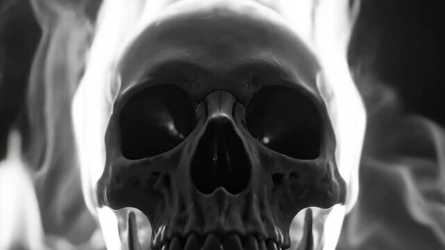 Spooky burning skull surrounded by wispy smoke against a dark background, horror concept