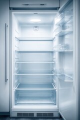 Fototapeta premium Clean, Empty Refrigerator Interior with Open Door and Interior Light Illuminating Shelves and Drawers