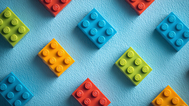 Brightly colored lego bricks arranged in a fun pattern for children to play and create with their imagination on a textured background