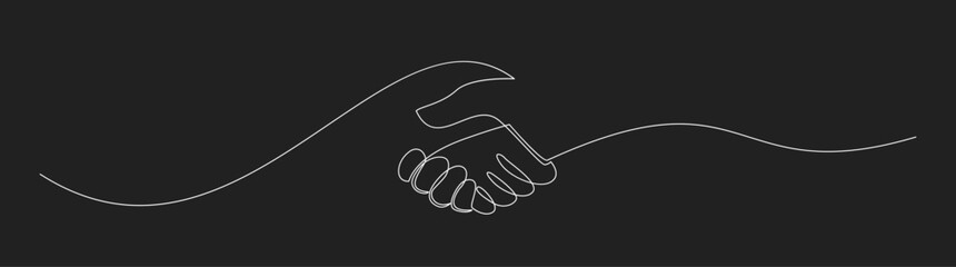Obraz premium Continuous Line Drawing Handshake. Simple Outline of Two Hands Shaking on Dark Background. Business Agreement, Partnership, and Trust Concept.