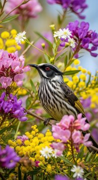 Striated pardalote perched amidst vibrant Australian native wildflowers.