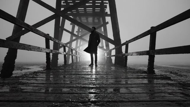 Lone figure stands on a weathered pier, facing the light in a cinematic black and white coastal scene.