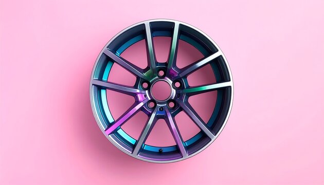 A close-up studio shot presents a sleek, multi-toned alloy wheel against a uniform pink backdrop. The wheel design features prominent spokes and a central hub