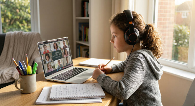 Ni&ntilde;o estudiante con auriculares en una clase online en casa, escritorio ordenado y luz natural.