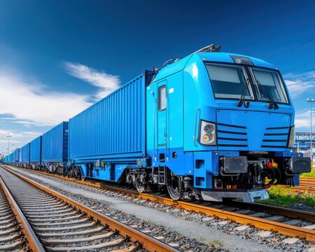Modern Blue Freight Train with Shipping Containers Traveling on Rails Under a Bright Blue Sky