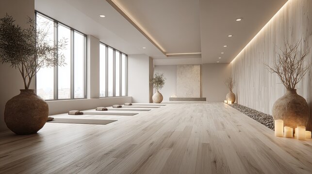 Serene Modern Yoga Studio with Natural Light, Minimalist Decor, and Peaceful Ambiance