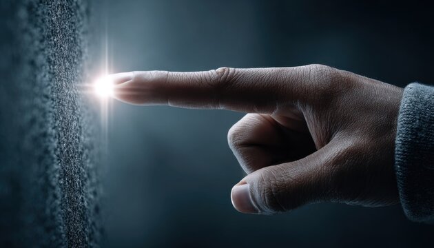 Close-up of a human finger activating a bright point of light on a textured surface in the dark