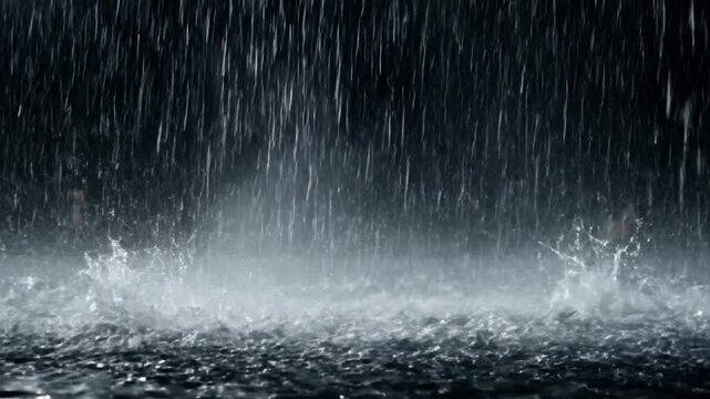 Heavy rain falling and splashing on the surface of water