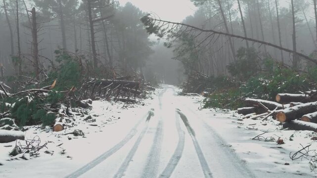 A snowy path was blocked by falling trees.