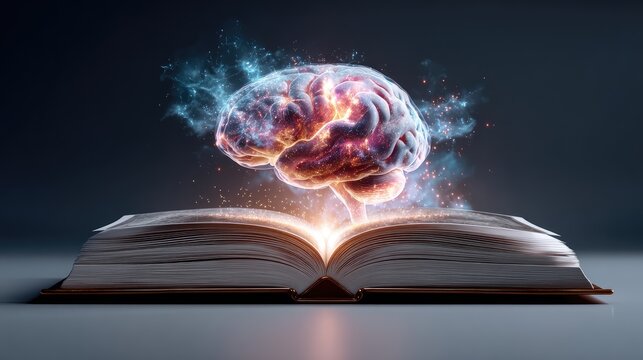 Surreal Concept of an Open Book with a Glowing Brain Emanating Cosmic Energy, Symbolizing Knowledge, Creativity, and the Power of Imagination in a Dark Background