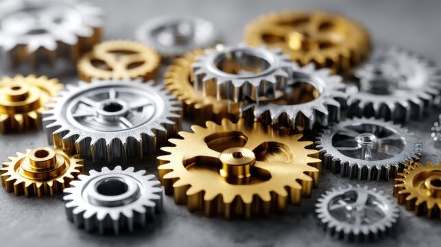 Collection of intricate gold and silver gears showcasing precision engineering and mechanics on a textured gray background, perfect for illustrating concepts of industry and innovation.