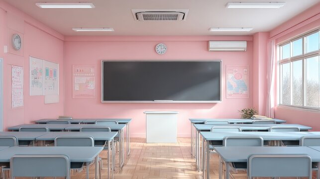 Empty pastel pink classroom with desks and blackboard, ideal for educational or creative concepts