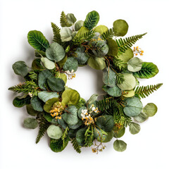 Decorative Greenery Wreath with Eucalyptus Leaves and White Flowers on White Background