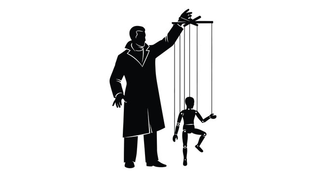 A shadowy figure manipulates a puppet with strings creating a dramatic and unsettling visual silhouette high quality professional detailed modern elegant