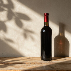 A Bottle of Fine Wine Resting on a Wooden Surface in the Sun  © Farzana
