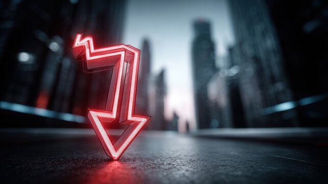 Glowing Red Neon Downward Arrow Symbolizing Market Decline and Economic Recession