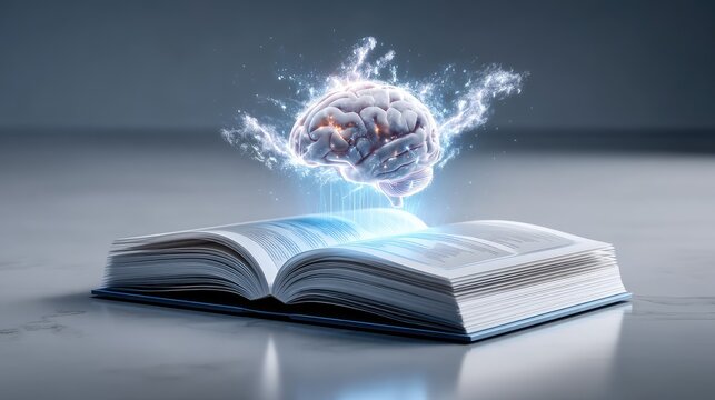 Conceptual image of an open book with a glowing brain above it, symbolizing knowledge, creativity, and intelligence in a surreal and modern design, ideal for educational themes.