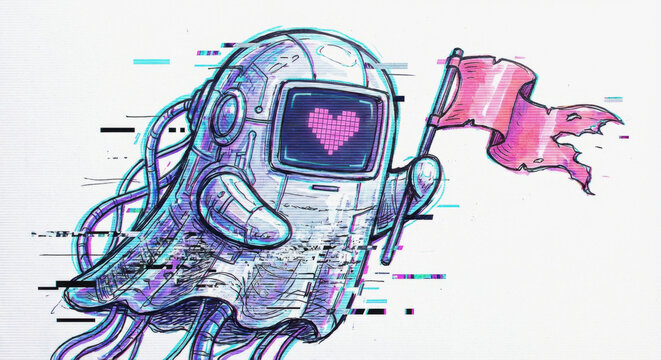 Quirky cyber ghost robot expresses love with glowing heart on its screen, proudly carrying tattered pink flag amidst digital glitch effects