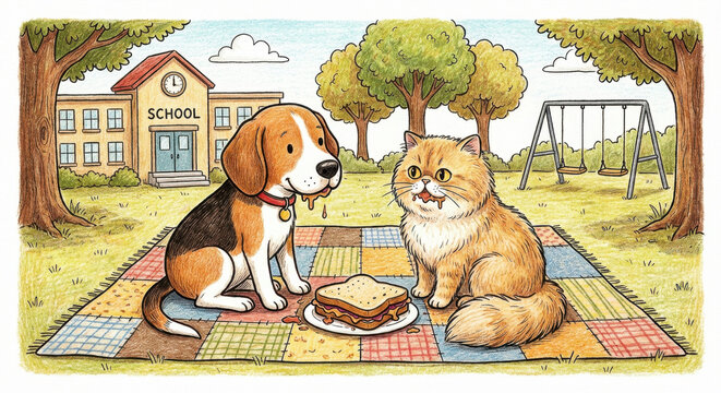 Hungry beagle dog drooling eyes sandwich colorful picnic blanket beside an aloof cat. An outdoor schoolyard illustration depicting unlikely animal