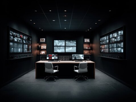 Modern Security Operations Center with Multiple Surveillance Monitors and Control Desk