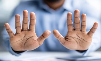 Obraz premium Man holding up both hands in a stop gesture, signaling halt, caution, or disagreement