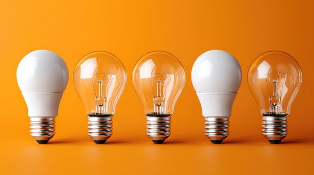 A collection of five light bulbs in different designs arranged on an orange background, showcasing innovation in lighting technology and energy efficiency for modern spaces.