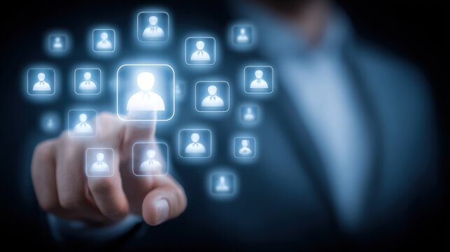 Selecting the Ideal Candidate: Hand Touching Futuristic Digital Interface with User Icons