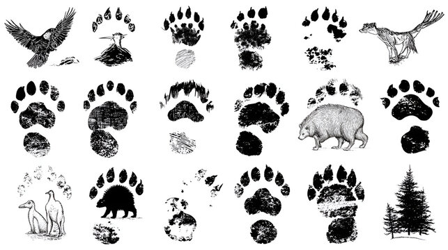 Animals footprint tracks. Paw prints, feet and claws eagle, raccoon and fox, deer and frog, duck and elephant penguin and chicken horse, hedgehog bear sheep cat dog stamp. Black foot trace vector 