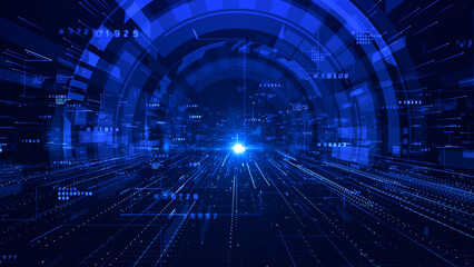 Futuristic blue digital tunnel with glowing data lines and network interface elements, representing cyber technology, big data, AI systems, and high-speed digital communication. 3d rendering