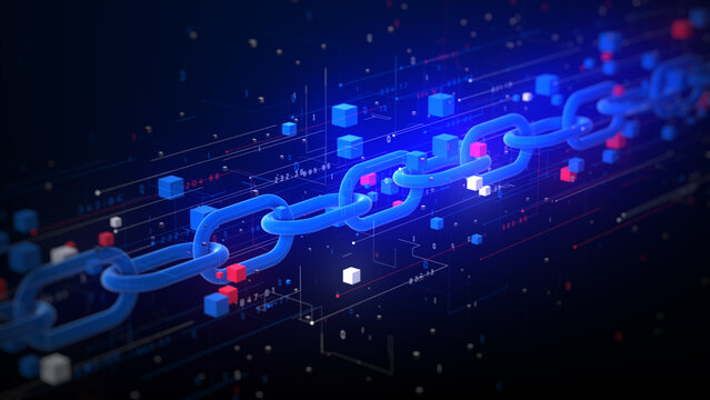 3D blockchain chain with glowing links and floating data cubes, symbolizing secure digital transactions, decentralized networks, cryptocurrency systems, Data security technology. 3d rendering