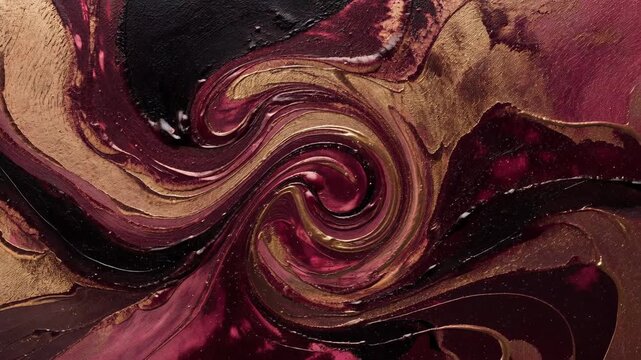 Abstract maroon and gold paint swirl with textured oil style on dark background, concept of luxury elegance