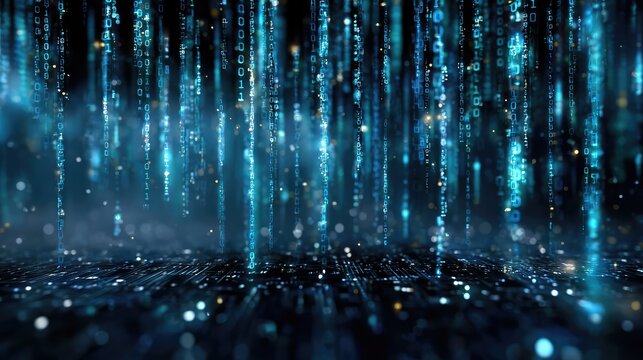Abstract digital background featuring cascading binary numbers in a futuristic space, highlighting the concept of data, technology, and information transfer in a 3D environment.