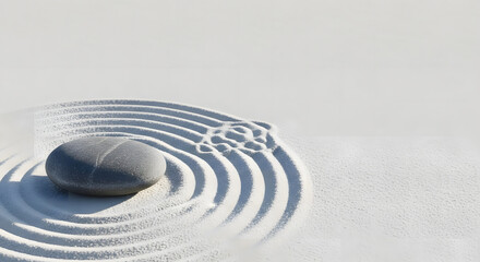 Naklejka premium A smooth grey stone resting on white sand with circular raked patterns, evoking a sense of peace and tranquility in a minimalist Zen garden setting.