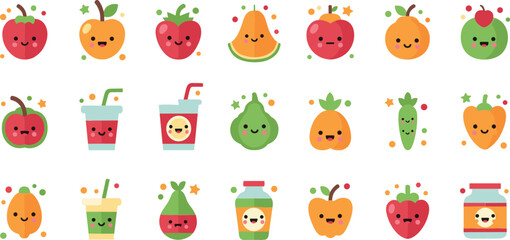 Obraz premium Cute Fruit Character Icon Set Featuring Smiling Apples Oranges Watermelon Smoothies and Healthy Food Mascots for Kids Nutrition and Fun Design