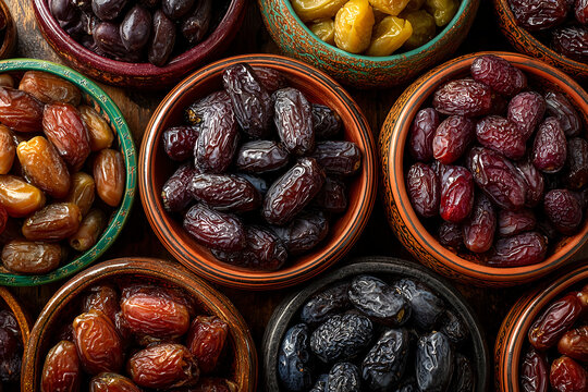 Dates or dattes palm fruit in wooden bowl is snack healthy, Set of various dates in bowl, Different kind of raw date fruit ready to eat, concrete background, Traditional, delicious and healthy ramadan