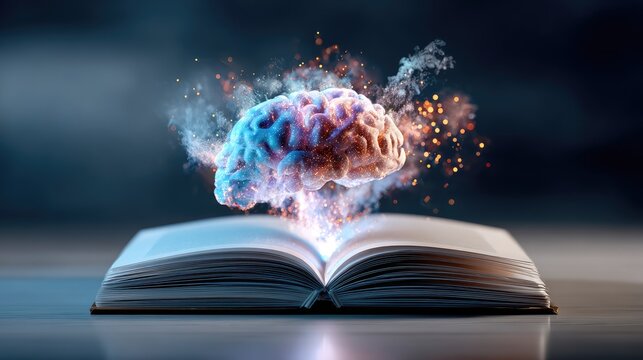 Abstract representation of knowledge and creativity emerging from an open book with a glowing brain symbolizing ideas, innovation, and mental exploration.