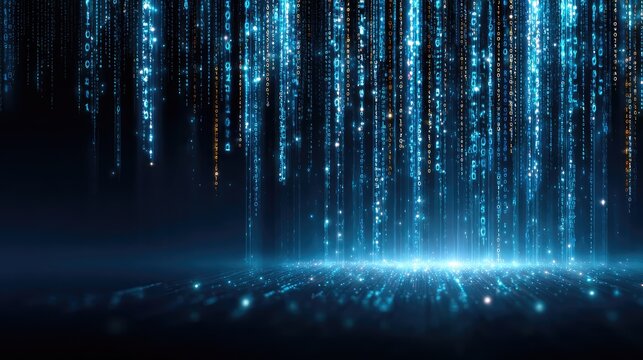 Digital Rain of Binary Code with Bright Glowing Particles Creating a Futuristic Background Effect in Blue and Black Colors for Technology Concepts and Innovations