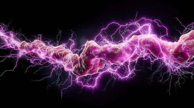 Abstract representation of energy with vibrant purple lightning bolts illuminating a twisted sinewy form against a black background, suggesting power and dynamism in scientific exploration.