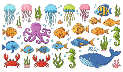 Obraz premium Colorful cute cartoon sea animals vector illustration set