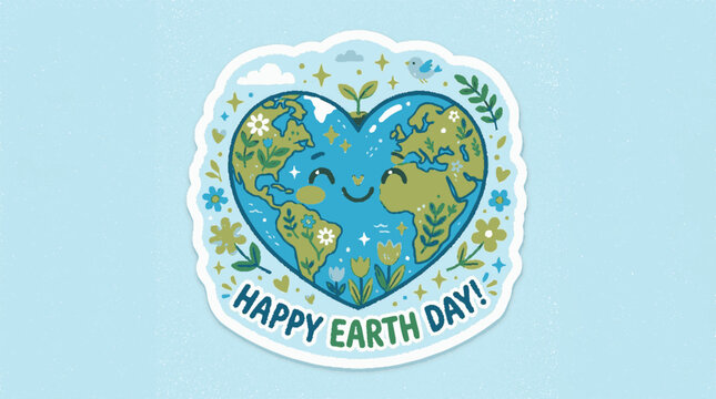 A colorful illustration of the Earth in a heart shape with flowers and text that reads Happy Earth Day