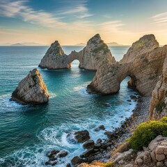Naklejka premium Stunning coastal rock formations in the turquoise ocean under a clear sky.