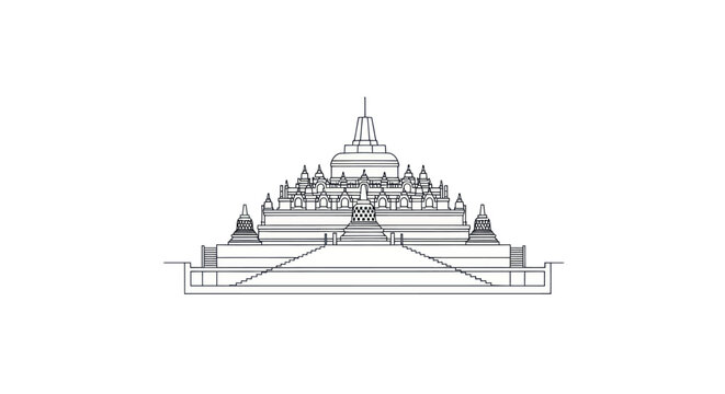 Ancient Buddhist Temple Outline Drawing - Borobudur Style Monument